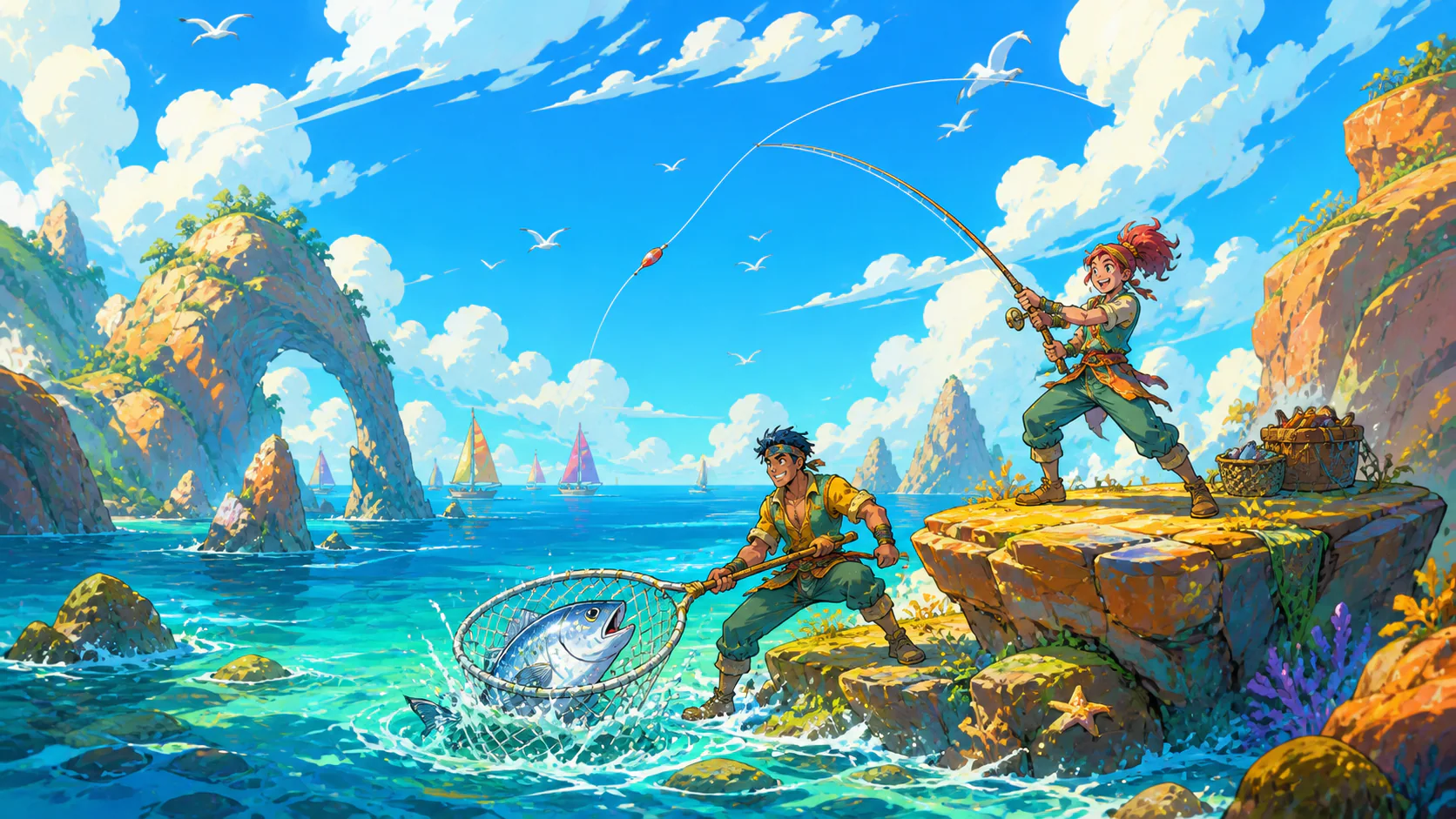 Two adventurers land a great silver fish together on a bright sapphire coast beneath natural rock arches.