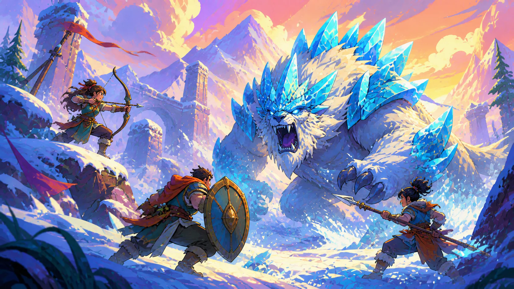 Three adventurers face an enormous ice-crystal beast in a snowy mountain pass at sunset.