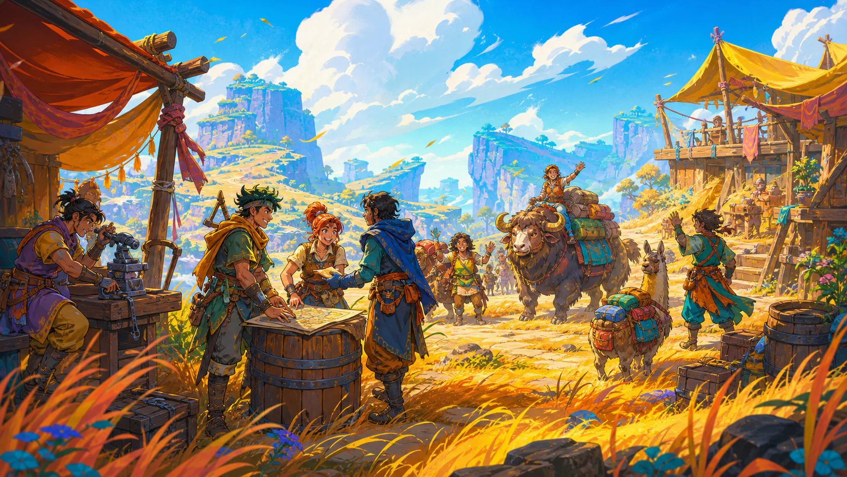 Travellers trade, repair equipment, study a map, and welcome a caravan into a golden highland settlement.