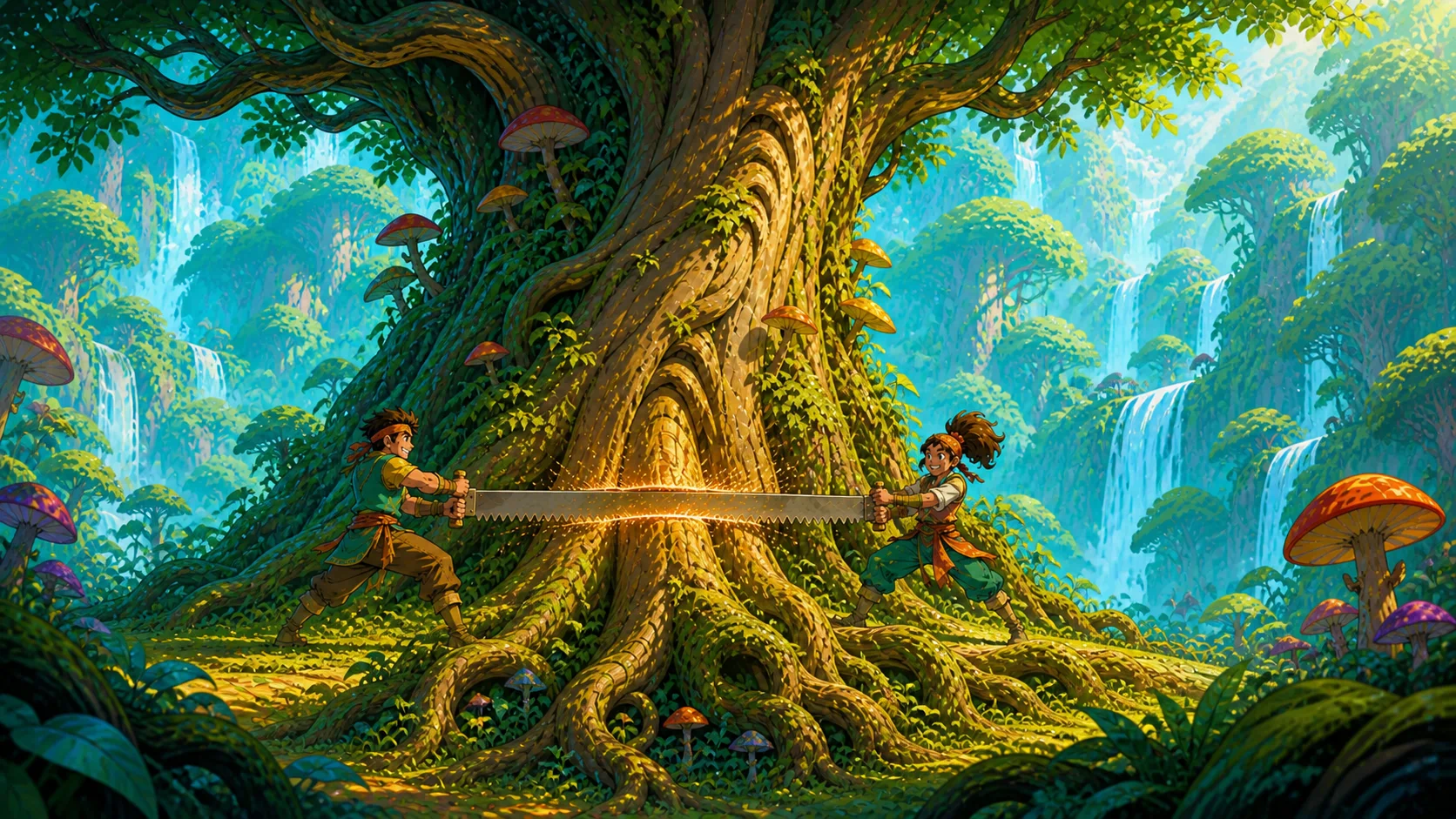 Two adventurers pull one long two-person crosscut saw through an immense ancient tree in a luminous waterfall forest.